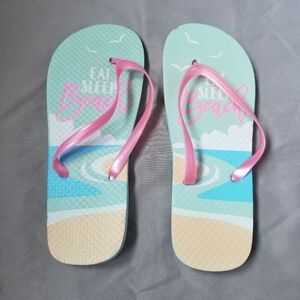 Women's Flip Flops 5/6 Seafoam Blue Beige "Eat Sleep Beach" Seagulls New